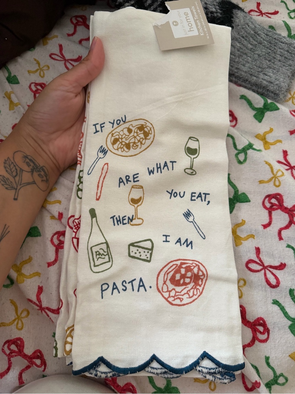 Kitchen Tea Towel - Cream with Multicolor Pasta Design